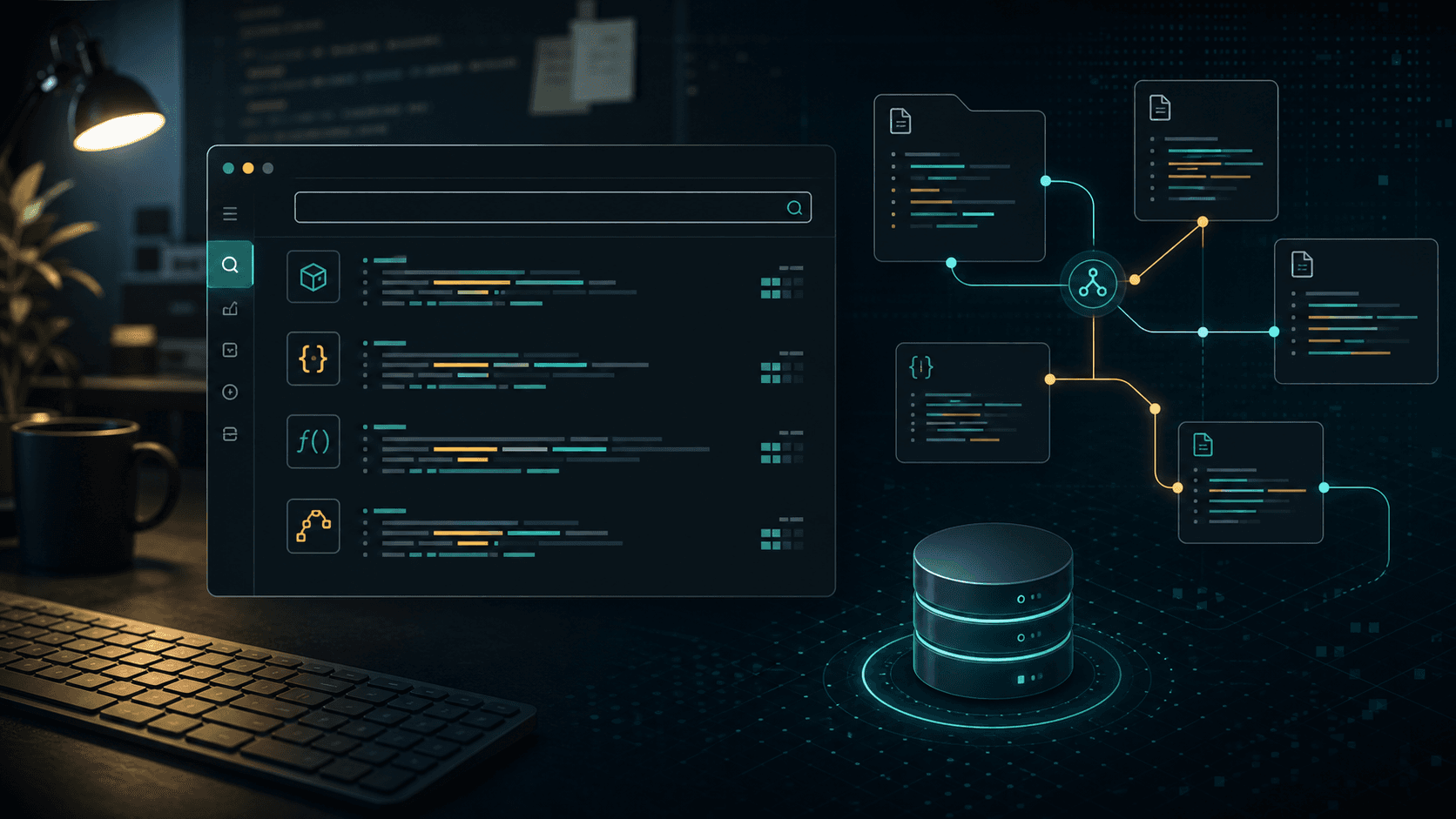 Code Context v2 visual: semantic code search interface connected to code chunks and a local database